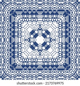 Decorative color ceramic azulejo tiles. Creative design. Vector seamless pattern trellis. Blue folk ethnic ornament for print, web background, surface texture, towels, pillows, wallpaper.