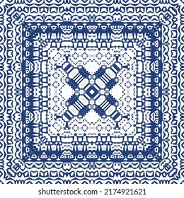 Decorative color ceramic azulejo tiles. Creative design. Vector seamless pattern trellis. Blue folk ethnic ornament for print, web background, surface texture, towels, pillows, wallpaper.