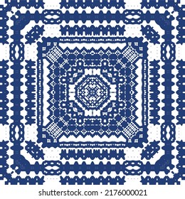 Decorative color ceramic azulejo tiles. Creative design. Vector seamless pattern trellis. Blue folk ethnic ornament for print, web background, surface texture, towels, pillows, wallpaper.