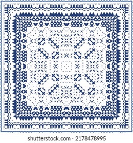 Decorative color ceramic azulejo tiles. Vector seamless pattern illustration. Kitchen design. Blue folk ethnic ornament for print, web background, surface texture, towels, pillows, wallpaper.