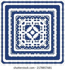 Decorative color ceramic azulejo tiles. Creative design. Vector seamless pattern trellis. Blue folk ethnic ornament for print, web background, surface texture, towels, pillows, wallpaper.