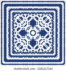Decorative color ceramic azulejo tiles. Creative design. Vector seamless pattern trellis. Blue folk ethnic ornament for print, web background, surface texture, towels, pillows, wallpaper.