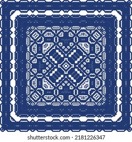Decorative color ceramic azulejo tiles. Vector seamless pattern illustration. Kitchen design. Blue folk ethnic ornament for print, web background, surface texture, towels, pillows, wallpaper.