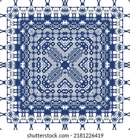 Decorative color ceramic azulejo tiles. Vector seamless pattern illustration. Kitchen design. Blue folk ethnic ornament for print, web background, surface texture, towels, pillows, wallpaper.