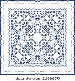 Decorative color ceramic azulejo tiles. Vector seamless pattern illustration. Kitchen design. Blue folk ethnic ornament for print, web background, surface texture, towels, pillows, wallpaper.