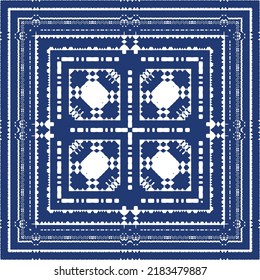 Decorative color ceramic azulejo tiles. Vector seamless pattern trellis. Fashionable design. Blue folk ethnic ornament for print, web background, surface texture, towels, pillows, wallpaper.