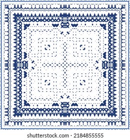 Decorative color ceramic azulejo tiles. Vector seamless pattern illustration. Kitchen design. Blue folk ethnic ornament for print, web background, surface texture, towels, pillows, wallpaper.