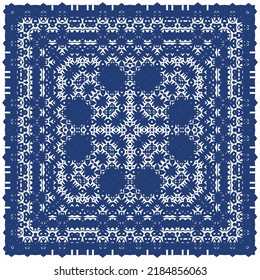 Decorative color ceramic azulejo tiles. Vector seamless pattern illustration. Kitchen design. Blue folk ethnic ornament for print, web background, surface texture, towels, pillows, wallpaper.