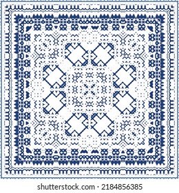 Decorative color ceramic azulejo tiles. Vector seamless pattern illustration. Kitchen design. Blue folk ethnic ornament for print, web background, surface texture, towels, pillows, wallpaper.