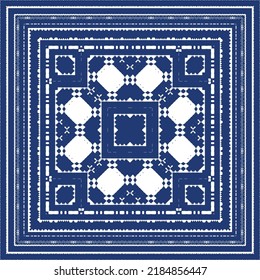 Decorative color ceramic azulejo tiles. Vector seamless pattern trellis. Fashionable design. Blue folk ethnic ornament for print, web background, surface texture, towels, pillows, wallpaper.