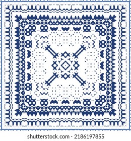 Decorative color ceramic azulejo tiles. Vector seamless pattern illustration. Kitchen design. Blue folk ethnic ornament for print, web background, surface texture, towels, pillows, wallpaper.