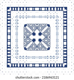 Decorative color ceramic azulejo tiles. Vector seamless pattern illustration. Kitchen design. Blue folk ethnic ornament for print, web background, surface texture, towels, pillows, wallpaper.