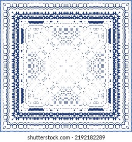 Decorative color ceramic azulejo tiles. Vector seamless pattern illustration. Kitchen design. Blue folk ethnic ornament for print, web background, surface texture, towels, pillows, wallpaper.