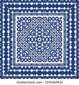 Decorative color ceramic azulejo tiles. Creative design. Vector seamless pattern trellis. Blue folk ethnic ornament for print, web background, surface texture, towels, pillows, wallpaper.
