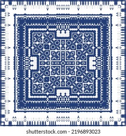 Decorative color ceramic azulejo tiles. Vector seamless pattern illustration. Kitchen design. Blue folk ethnic ornament for print, web background, surface texture, towels, pillows, wallpaper.