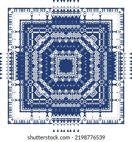 Decorative color ceramic azulejo tiles. Vector seamless pattern illustration. Kitchen design. Blue folk ethnic ornament for print, web background, surface texture, towels, pillows, wallpaper.