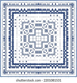 Decorative color ceramic azulejo tiles. Vector seamless pattern illustration. Kitchen design. Blue folk ethnic ornament for print, web background, surface texture, towels, pillows, wallpaper.