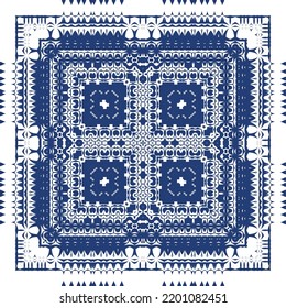 Decorative color ceramic azulejo tiles. Vector seamless pattern illustration. Kitchen design. Blue folk ethnic ornament for print, web background, surface texture, towels, pillows, wallpaper.