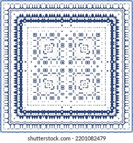 Decorative color ceramic azulejo tiles. Vector seamless pattern illustration. Kitchen design. Blue folk ethnic ornament for print, web background, surface texture, towels, pillows, wallpaper.