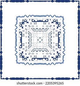 Decorative color ceramic azulejo tiles. Vector seamless pattern illustration. Kitchen design. Blue folk ethnic ornament for print, web background, surface texture, towels, pillows, wallpaper.