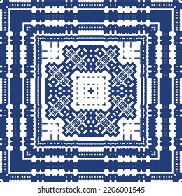Decorative color ceramic azulejo tiles. Creative design. Vector seamless pattern trellis. Blue folk ethnic ornament for print, web background, surface texture, towels, pillows, wallpaper.