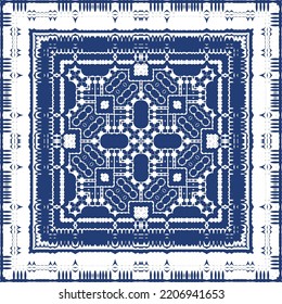 Decorative color ceramic azulejo tiles. Vector seamless pattern illustration. Kitchen design. Blue folk ethnic ornament for print, web background, surface texture, towels, pillows, wallpaper.