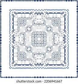 Decorative color ceramic azulejo tiles. Vector seamless pattern illustration. Kitchen design. Blue folk ethnic ornament for print, web background, surface texture, towels, pillows, wallpaper.