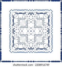 Decorative color ceramic azulejo tiles. Vector seamless pattern illustration. Kitchen design. Blue folk ethnic ornament for print, web background, surface texture, towels, pillows, wallpaper.