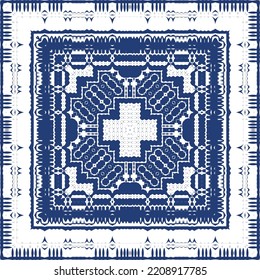 Decorative color ceramic azulejo tiles. Vector seamless pattern illustration. Kitchen design. Blue folk ethnic ornament for print, web background, surface texture, towels, pillows, wallpaper.