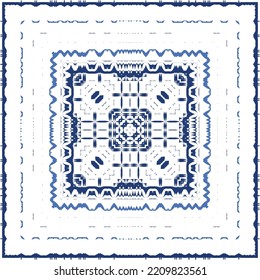Decorative color ceramic azulejo tiles. Vector seamless pattern illustration. Kitchen design. Blue folk ethnic ornament for print, web background, surface texture, towels, pillows, wallpaper.