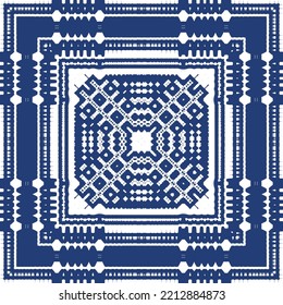 Decorative color ceramic azulejo tiles. Creative design. Vector seamless pattern trellis. Blue folk ethnic ornament for print, web background, surface texture, towels, pillows, wallpaper.