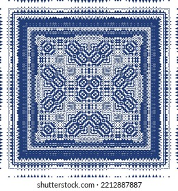 Decorative color ceramic azulejo tiles. Vector seamless pattern illustration. Kitchen design. Blue folk ethnic ornament for print, web background, surface texture, towels, pillows, wallpaper.