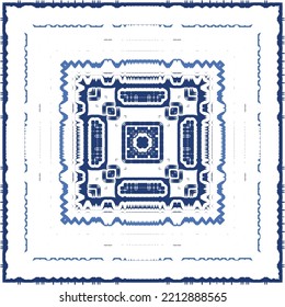 Decorative color ceramic azulejo tiles. Vector seamless pattern illustration. Kitchen design. Blue folk ethnic ornament for print, web background, surface texture, towels, pillows, wallpaper.