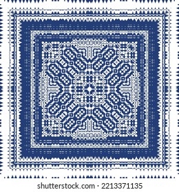 Decorative color ceramic azulejo tiles. Vector seamless pattern illustration. Kitchen design. Blue folk ethnic ornament for print, web background, surface texture, towels, pillows, wallpaper.