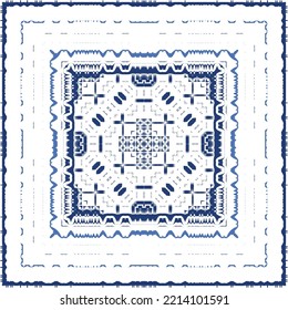Decorative color ceramic azulejo tiles. Vector seamless pattern illustration. Kitchen design. Blue folk ethnic ornament for print, web background, surface texture, towels, pillows, wallpaper.