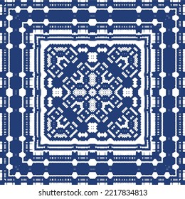 Decorative color ceramic azulejo tiles. Creative design. Vector seamless pattern trellis. Blue folk ethnic ornament for print, web background, surface texture, towels, pillows, wallpaper.