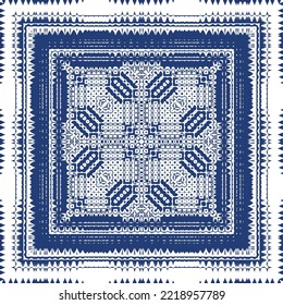 Decorative color ceramic azulejo tiles. Vector seamless pattern illustration. Kitchen design. Blue folk ethnic ornament for print, web background, surface texture, towels, pillows, wallpaper.
