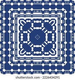 Decorative color ceramic azulejo tiles. Creative design. Vector seamless pattern trellis. Blue folk ethnic ornament for print, web background, surface texture, towels, pillows, wallpaper.