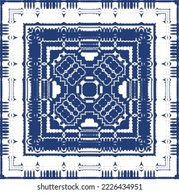 Decorative color ceramic azulejo tiles. Vector seamless pattern illustration. Kitchen design. Blue folk ethnic ornament for print, web background, surface texture, towels, pillows, wallpaper.