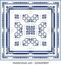 Decorative color ceramic azulejo tiles. Vector seamless pattern illustration. Kitchen design. Blue folk ethnic ornament for print, web background, surface texture, towels, pillows, wallpaper.