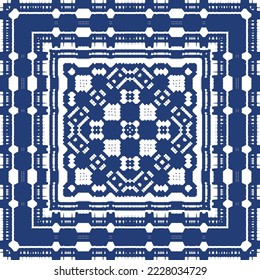 Decorative color ceramic azulejo tiles. Creative design. Vector seamless pattern trellis. Blue folk ethnic ornament for print, web background, surface texture, towels, pillows, wallpaper.