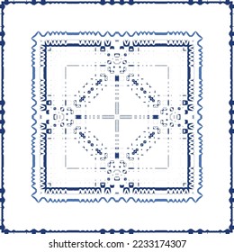 Decorative color ceramic azulejo tiles. Vector seamless pattern illustration. Kitchen design. Blue folk ethnic ornament for print, web background, surface texture, towels, pillows, wallpaper.