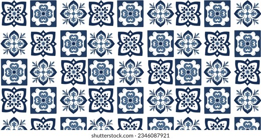 Decorative color ceramic azulejo tiles. Kit of vector seamless patterns. Colored design. Blue folk ethnic ornaments for print, web background, surface texture, towels, pillows, wallpaper.