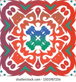 Decorative color ceramic talavera tiles. Vector seamless pattern collage. Bathroom design. Red folk ethnic ornament for print, web background, surface texture, towels, pillows, wallpaper.