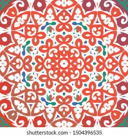 Decorative color ceramic talavera tiles. Vector seamless pattern frame. Fashionable design. Red folk ethnic ornament for print, web background, surface texture, towels, pillows, wallpaper.