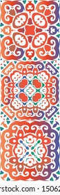 Decorative color ceramic talavera tiles. Stylish design. Kit of vector seamless patterns. Red folk ethnic ornaments for print, web background, surface texture, towels, pillows, wallpaper.