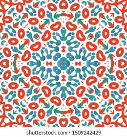 Decorative color ceramic talavera tiles. Bathroom design. Vector seamless pattern collage. Red folk ethnic ornament for print, web background, surface texture, towels, pillows, wallpaper.