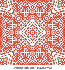 Decorative color ceramic talavera tiles. Geometric design. Vector seamless pattern watercolor. Red folk ethnic ornament for print, web background, surface texture, towels, pillows, wallpaper.