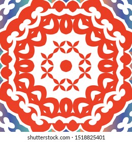 Decorative color ceramic talavera tiles. Vector seamless pattern theme. Hand drawn design. Red folk ethnic ornament for print, web background, surface texture, towels, pillows, wallpaper.