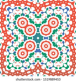 Decorative color ceramic talavera tiles. Colored design. Vector seamless pattern concept. Red folk ethnic ornament for print, web background, surface texture, towels, pillows, wallpaper.